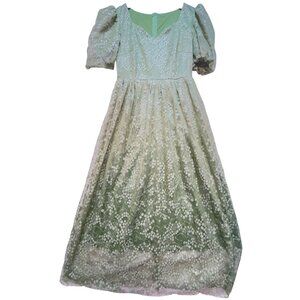 Womens Prairie Midi Dress Long Sleeve Size M Green White Flower Back Zipper